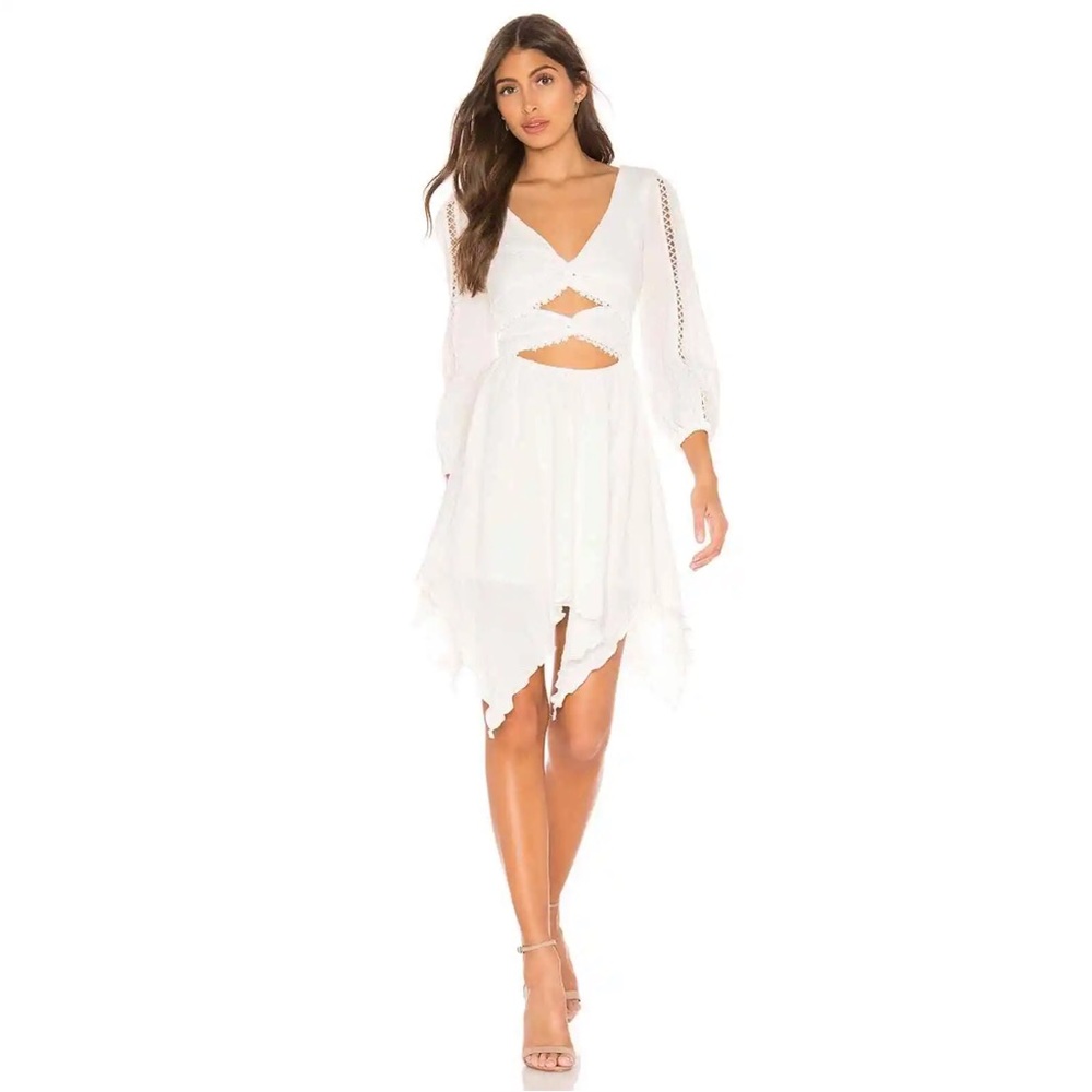 MAJORELLE White Cutout V-Neck Handkerchief Hem Dress